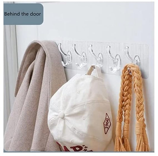 Multipurpose 6 Row Transparent Strong Self Adhesive Door Wall Hanger Hooks